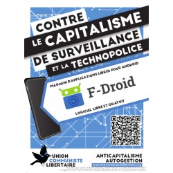 Autocollants par lots de 100 avec le slogan ''Contre le capitalisme de surveillance et la technopolice - F-Droid''
