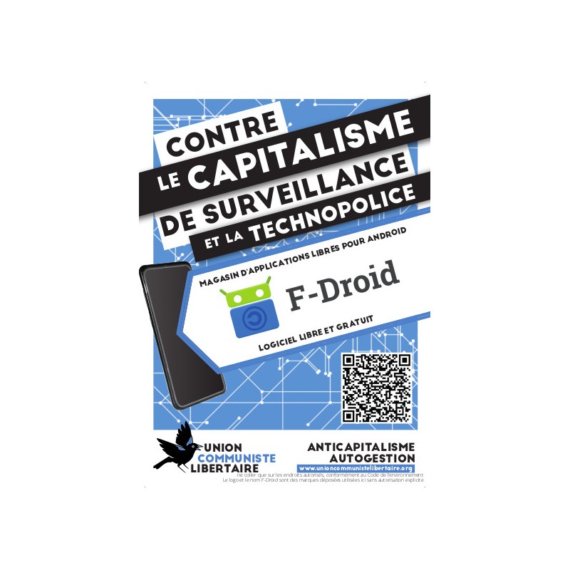 Autocollants par lots de 100 avec le slogan ''Contre le capitalisme de surveillance et la technopolice - F-Droid''
