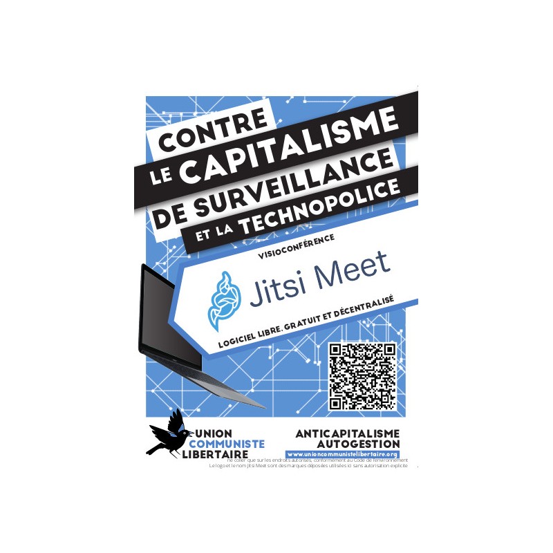 Autocollants par lots de 100 avec le slogan ''Contre le capitalisme de surveillance et la technopolice - Jitsi Meet''