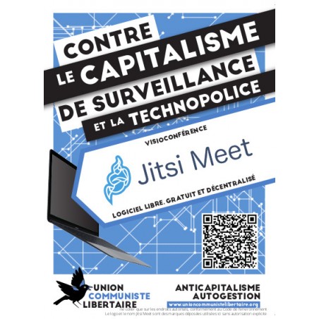 Autocollants par lots de 100 avec le slogan ''Contre le capitalisme de surveillance et la technopolice - Jitsi Meet''