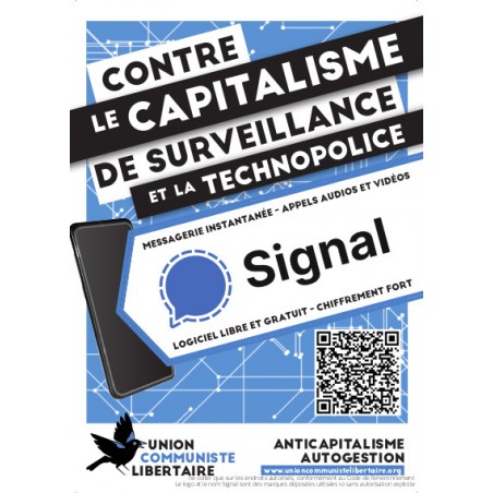 Autocollants par lots de 100 avec le slogan ''Contre le capitalisme de surveillance et la technopolice - Signal''