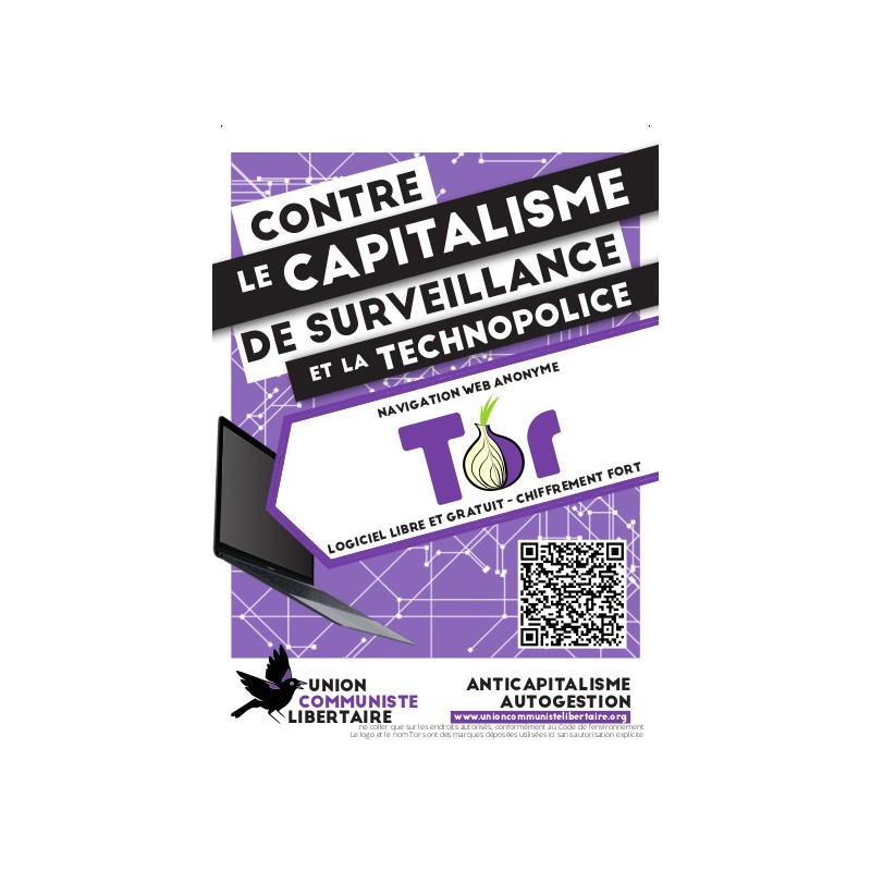 Autocollants par lots de 100 avec le slogan ''Contre le capitalisme de surveillance et la technopolice - Tor''