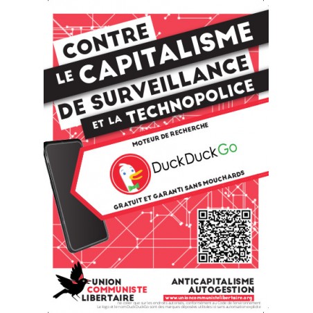 Autocollants par lots de 100 avec le slogan ''Contre le capitalisme de surveillance et la technopolice - Duckduckgo''